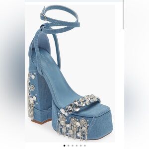 Azalea Wang Denim Rhinestone Platform Heels